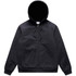 A black Canvas Bomber Hood Jacket featuring a hood and side pockets, with a front zip closure.