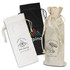 Three cotton drawstring bags in black, white, and natural, featuring different designs and logos.