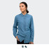 A denim button-up shirt in light blue, featuring a collar and long sleeves, with a logo present.