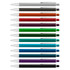 A collection of metal pens in various colours, including silver, orange, green, purple, and black, with silver accents.