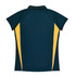 A dark green polo shirt with yellow side panels and a collar, featuring a logo on the back.