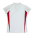 A white polo shirt with red side panels and a collar, featuring a logo on the back.