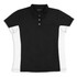 A black and white women's polo shirt with a collar and button placket, featuring side panels and a logo.