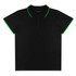 A black women's polo shirt with green accents on the collar and sleeves, featuring a branding logo.