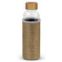 A drink bottle featuring a clear glass body with a natural fabric sleeve and a wooden lid.