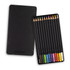 A collection of twelve coloured pencils in a black metal case, featuring a logo.
