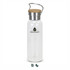 A drink bottle with a clear glass body, stainless steel lid, and a wooden top, featuring a logo.