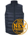 A navy puffer vest with a high collar and a front zipper, featuring a logo on the upper left side.
