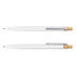 A metal pen featuring a white barrel and bamboo details, with a clip and branding logo.