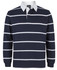 A navy and white striped polo shirt with a collar and long sleeves, featuring a small logo on the chest.