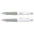 A metal pen with a white barrel and soft green grip, featuring a silver clip and accent.