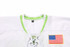 A white ice hockey racing suit with a green collar and laces, featuring an American flag patch.
