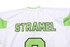 A white ice hockey racing suit featuring green accents and a name on the back. It has a logo as well.