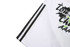 A white ice hockey racing suit featuring black stripes and a logo, showcasing a sporty design.