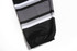 A close-up of an ice hockey racing suit featuring black, grey, and white stripes, with a snug-fitting cuff.