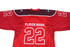 A red hockey jersey featuring a dark collar and a large number '22', along with a logo on the sleeves.