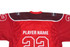 A red hockey jersey with a maroon yoke, featuring a logo and space for a player's name and number.