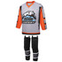 A grey and orange ice hockey jersey with matching black pants, featuring a logo on the front.