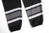 A pair of black racing pants with grey and white stripes, featuring a fitted design and elastic cuffs.