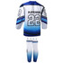 An ice hockey uniform kit featuring a blue and white jersey with a logo and matching leggings.