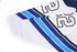 A white and blue ice hockey jersey featuring stripes and a number, with a logo on the sleeve.