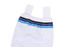 A white ice hockey sock featuring blue and black stripes at the top and white elastic straps.