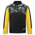 A pullover jumper featuring a floral camo pattern in black, with yellow sleeves and a half zip design.