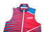 A puffer vest coat in red, blue, and white with a branded logo and striped pattern.