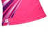 A pink sports uniform featuring bold purple and white design elements, with a small logo on the side.