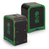 A wooden money box model in black with green accents and a logo featuring a plant growing from a coin.