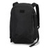 A black computer backpack with a sleek design, features adjustable straps, and has a logo on the front.