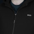 A black zip-up hoodie featuring a small logo on the chest and a lined hood.