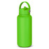 A drink bottle in vibrant green, featuring a handle and a secure lid, with a logo on the side.