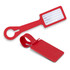 A red silicone luggage tag with a rectangular label holder and an attached strap.