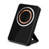 A wireless charging power bank in black with a circular detailing and a built-in stand. It features a branding logo.