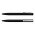A pair of black metal pens, featuring a sleek design with a silver clip and detailing. Includes logo branding.