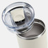 A drink bottle with a stainless steel body, featuring a clear lid and a white push button. It has a sleek design.
