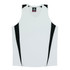 A white singlet with black accents and a v-neck design. The garment has a logo.
