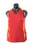A red singlet with yellow accents, featuring a v-neck design and a logo on the side.
