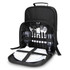 A black picnic backpack with cutlery, wine glasses, napkins, and plates neatly arranged inside.
