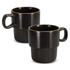 A set of two stackable coffee mugs in dark grey with a sleek, modern design. Each mug features a distinct handle and has a logo.