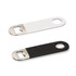 A drink bottle opener featuring a sleek design in white and black with a metal opener and a circular handle.