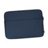 A navy soft-touch laptop sleeve with a zip closure and a branded logo.