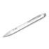 A white pen with a silver clip and a laser-cut logo on the barrel.