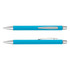 A laser cut logo pen in bright blue with silver accents. Features a sleek design and a clip for convenience.