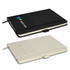 A black and a cream recycled notebook with a logo, featuring a ribbon bookmark and an elastic closure.