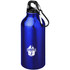 A drink bottle in shiny blue with a carabiner and a logo on the front. Features a classic design for outdoor use.