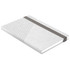 A grey and white notebook with a geometric design and an elastic band closure, featuring a logo on the cover.