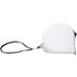 A white measuring tape with a black retractable cord, featuring a logo on its surface.