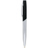 A sleek metal ballpoint pen with a chrome finish and a black grip. The pen features a clip and branding.